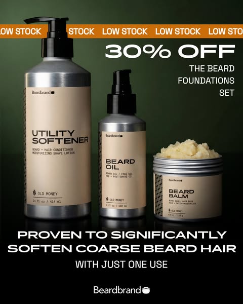 This image ad showcases Beardbrand's The Beard Foundations Set, highlighting the Utility Softener, Beard Oil, and Be