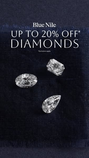 An image ad for Blue Nile promoting a sale of up to 20% off diamonds. The image features three different diamonds agains