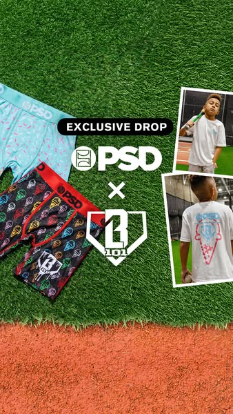 This image is advertising an exclusive drop of PSD brand underwear in collaboration with Baseball 101. There are two pai