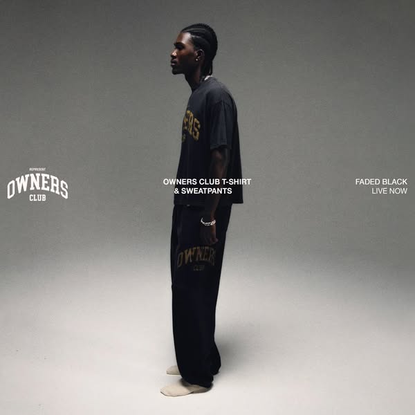 This ad features a person standing in a studio setting, wearing a matching Owners Club t-shirt and sweatpants. The garme