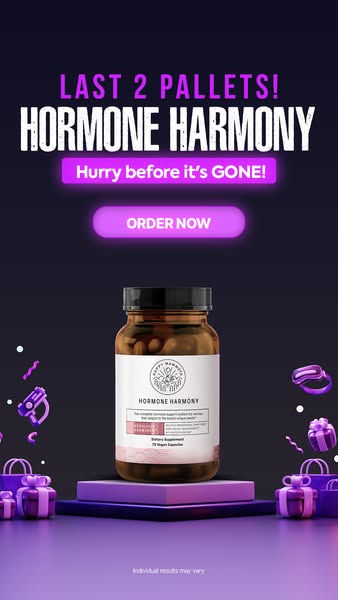 A product shot of Happy Mammoth Hormone Harmony supplements on a purple podium, surrounded by gifts. The ad urges viewer