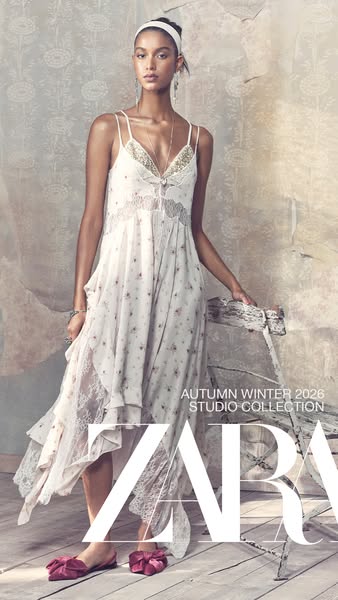 This ad promotes Zara's Autumn Winter 2026 Studio Collection, featuring a model in a light-colored dress and matchin