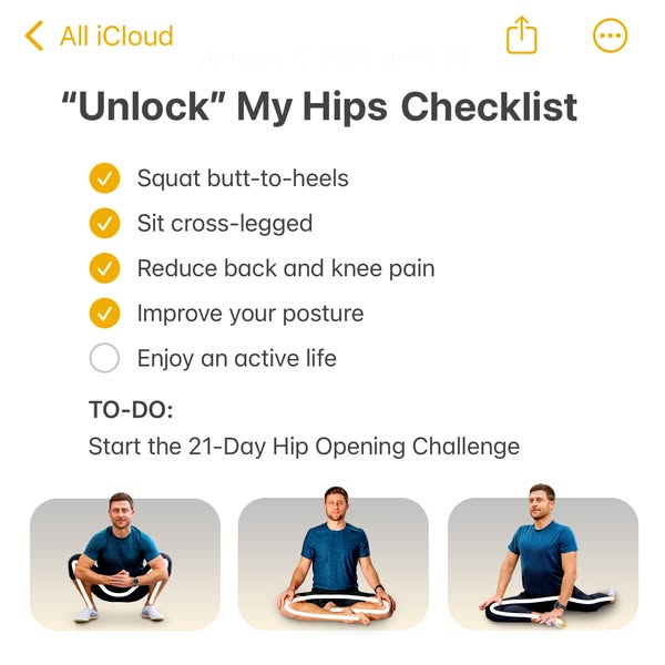 This ad promotes a 21-Day Hip Opening Challenge by presenting a checklist of exercises and benefits. It mimics the visua