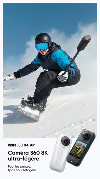 This ad showcases the Insta360 X4 Air camera's capabilities for capturing action shots, particularly in winter sport