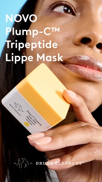 A close-up image of a person holding Drunk Elephant's Plump-C™ Tripeptide Lippe Mask is displayed. The text highligh