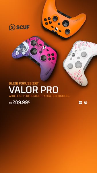 Ad for Scuf Valor Pro wireless performance Xbox controllers.