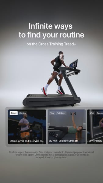 The ad showcases the Peloton Cross Training Tread+ and highlights the variety of workout routines available on the platf