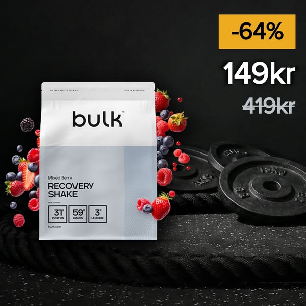 This ad promotes Bulk's Mixed Berry Recovery Shake with a significant discount. The ad features the product packagin