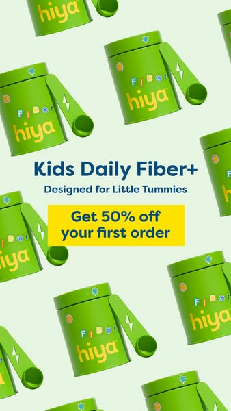 This ad for Hiya Kids Daily Fiber+ uses a product showcase format to highlight the product and packaging, along with an 