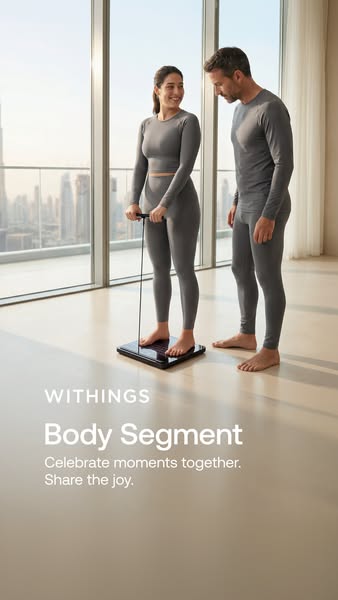 This ad features a couple in athletic wear stepping on a Withings Body Segment smart scale. The ad promotes the brand by