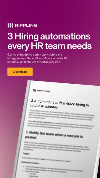The ad promotes Rippling as a solution to repetitive admin tasks in the HR hiring process. It highlights the availabilit