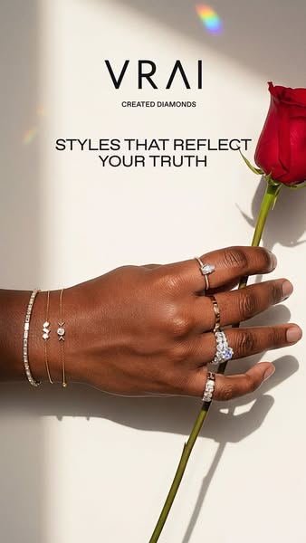 This ad showcases VRAI jewelry, particularly rings and bracelets. It emphasizes the brand's connection to personal t