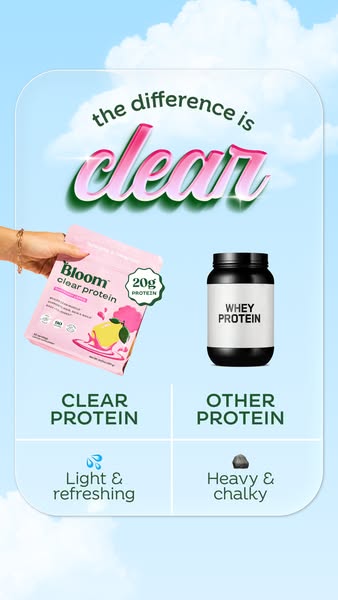 This image ad compares Bloom Clear Protein to other whey proteins by highlighting Bloom's light and refreshing taste