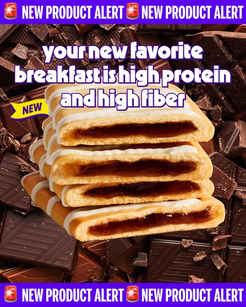 This image ad announces a new high-protein and high-fiber breakfast product. It features a stack of bars with a dark fil