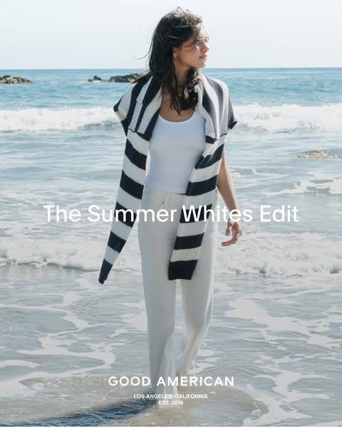 This ad features a lifestyle shot of a woman wearing the Good American brand while walking on a beach. The ad intends to