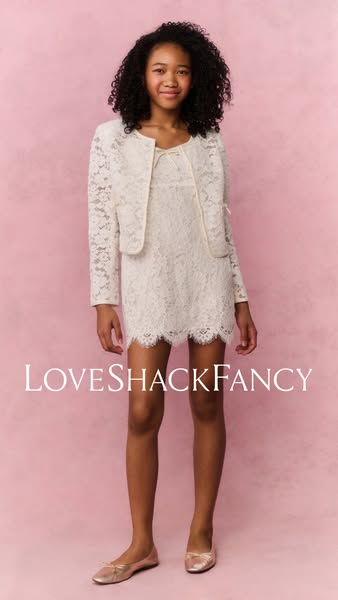This image ad features a young girl modeling a white lace dress and matching jacket from LoveShackFancy, set against a s