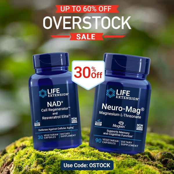 This image ad promotes an overstock sale for Life Extension supplements, highlighting discounts on NAD+ Cell Regenerator