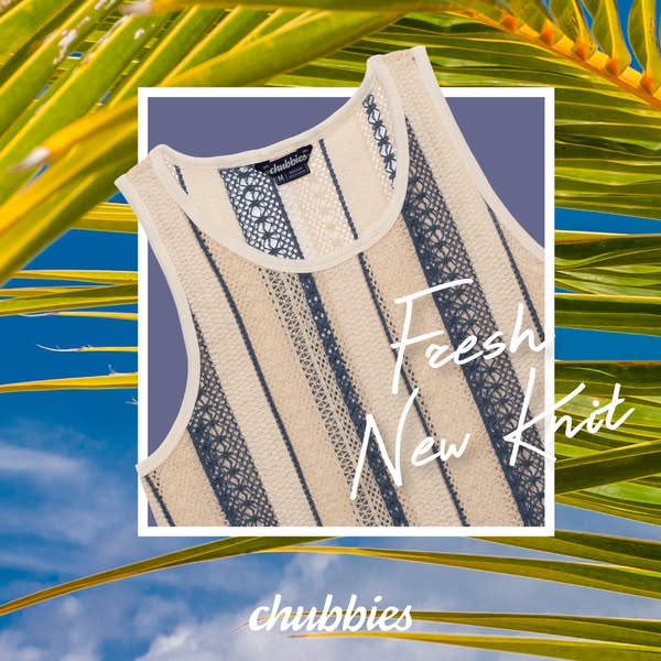 This ad features a knitted tank top against a background of blue sky and palm fronds. The text overlay reads, 'Fresh