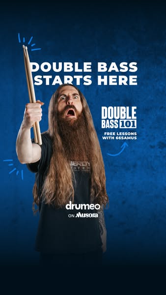 This image ad for Drumeo features a portrait of a male drummer in a look of intense concentration, holding his drumstick