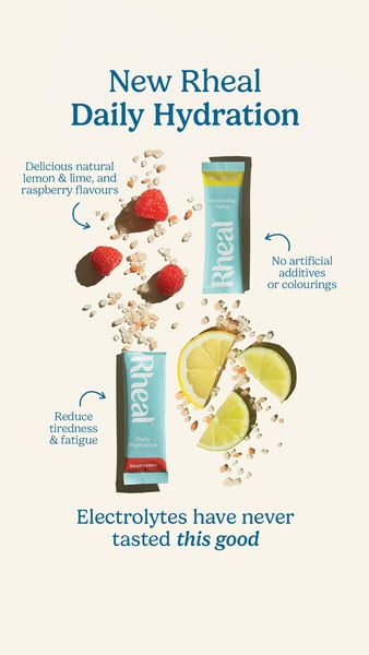 This ad promotes Rheal Daily Hydration, emphasizing its natural ingredients, delicious flavors, and benefits in reducing