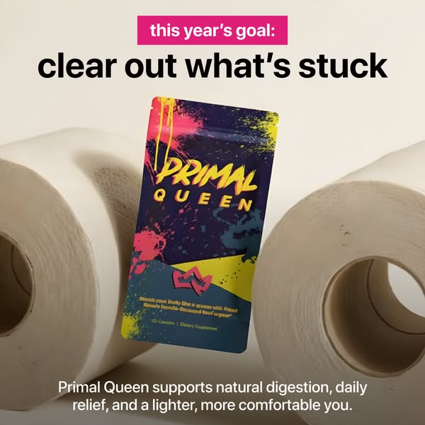 The image promotes Primal Queen, a supplement that supports natural digestion and daily relief for a lighter and more co