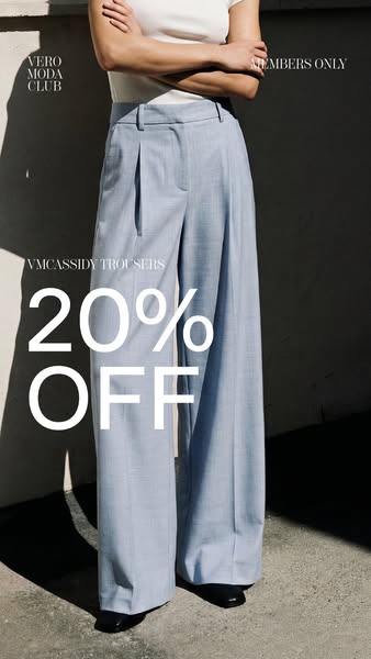 This image ad for Vero Moda Club features a model wearing VMCassidy Trousers, highlighting a 20% off discount. The ad us