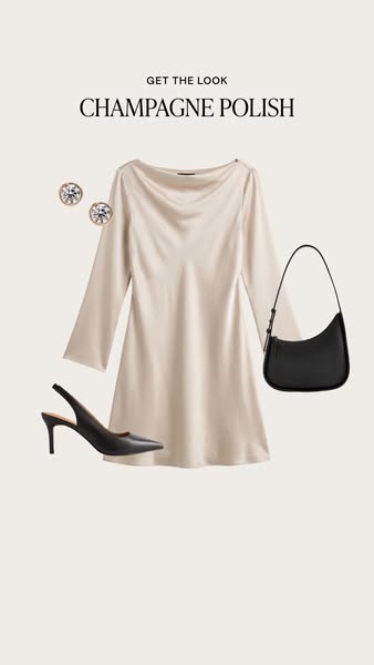 This ad uses a product flatlay to promote women's fashion items, including a dress, shoes, earrings, and a handbag. 