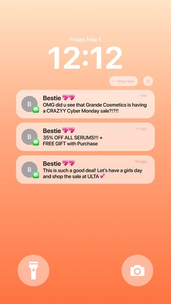 The ad is a screenshot of iPhone messages, with notifications from "Bestie" highlighting Grande Cosmetics'