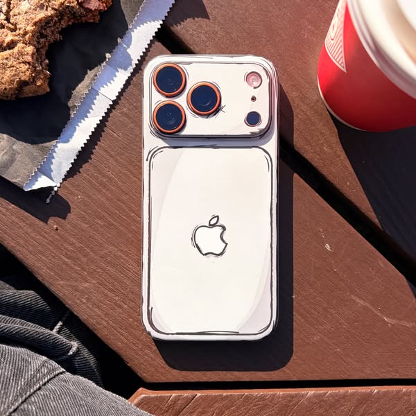 This ad showcases a phone case with a cartoon outline design. The phone is placed on a wooden table next to a cookie and