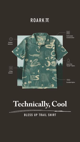 This Roark ad highlights the features of the Bless Up Trail Shirt, emphasizing its blend of technical functionality and 