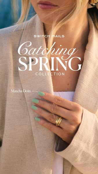 The ad features a close-up shot of a woman's hand showcasing light green nails. The ad text displays the brand name 