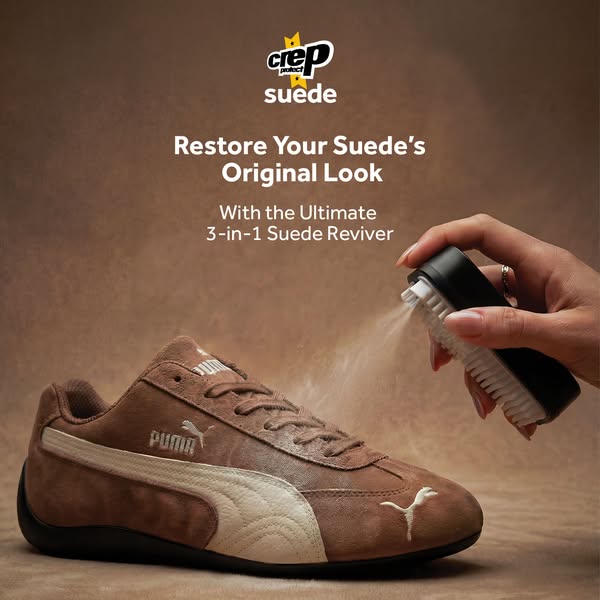 This ad features the Crep Protect Suede cleaner being used on a brown suede Puma shoe. It appears to be a demo of the pr