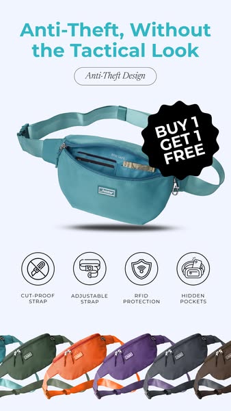 This ad showcases a stylish anti-theft bag, emphasizing its safety features without sacrificing aesthetics. The ad inclu