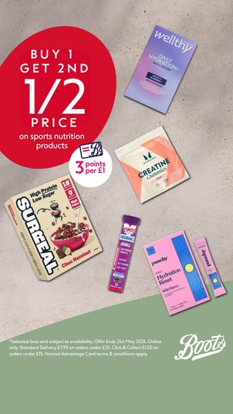 This ad showcases a variety of sports nutrition products available at Boots, highlighting an offer of 'Buy 1 Get 2nd