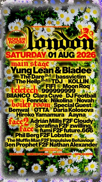 This poster is advertising Boiler Room London's event that will be held on August 1, 2026 at Burgess Park. The event