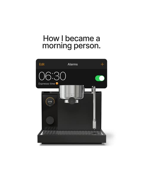 This ad features an image of an espresso machine paired with an alarm clock graphic set to 6:30 AM, under the headline &