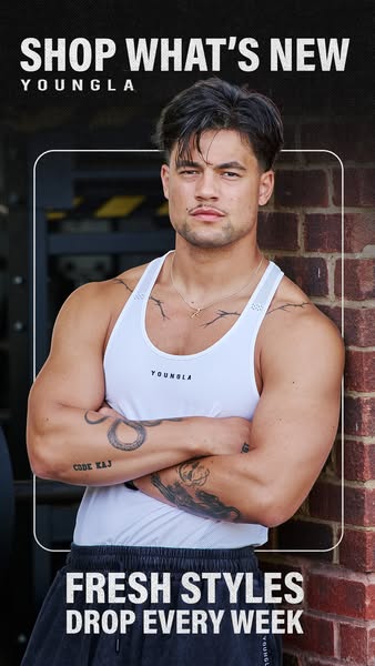 This ad showcases YoungLA's new arrivals, featuring a muscular man wearing a white tank top and black shorts. The ad