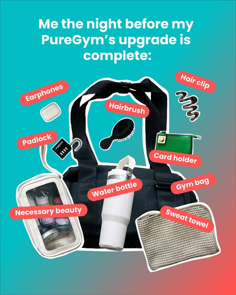 This image ad features a flat lay of a gym bag and various items needed at the gym. The ad focuses on how PureGym's 