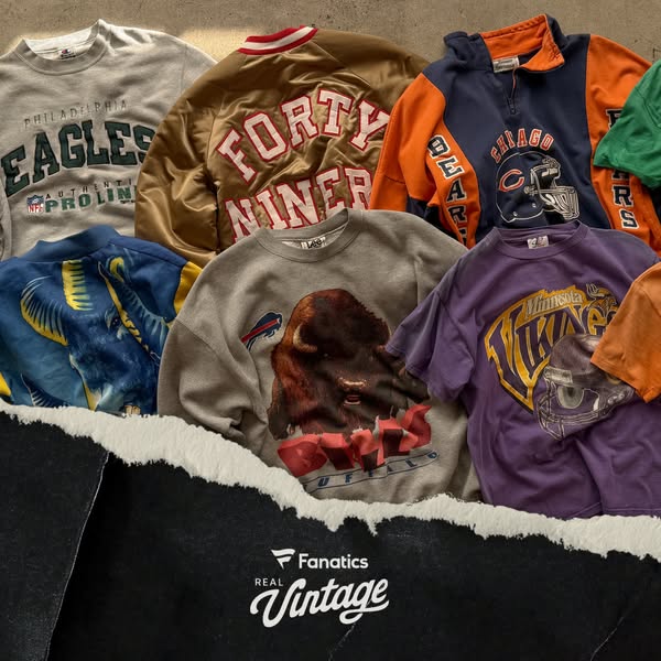 This ad showcases an assortment of vintage sweaters and sweatshirts from NFL teams, positioning them as real vintage opt
