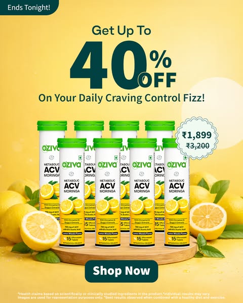 This image ad showcases the Oziva Metabolic ACV Moringa supplement with a limited-time offer of up to 40% off. The ad us
