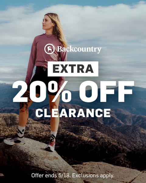 This image ad for Backcountry promotes an extra 20% off clearance items, encouraging outdoor enthusiasts to shop the sal