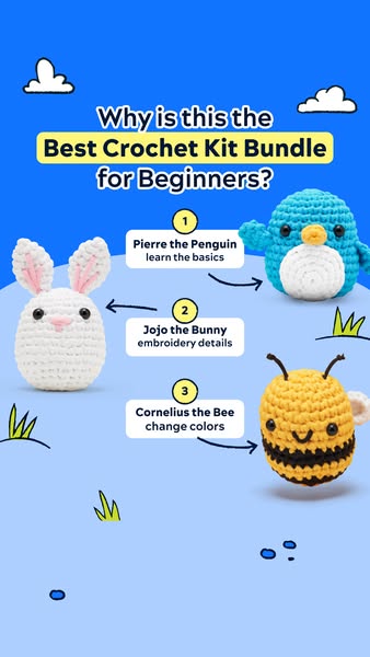 This ad promotes a crochet kit bundle for beginners. It uses visual callouts to highlight that the bundle includes diffe