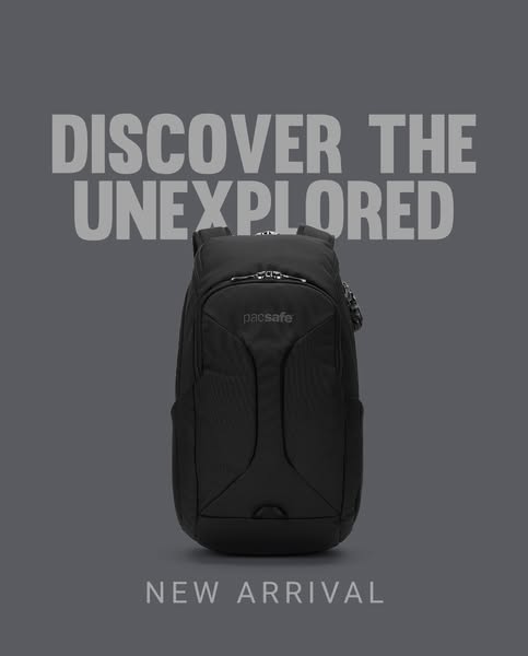 This ad showcases a Pacsafe backpack against a gray background with a headline that reads, "DISCOVER THE UNEXPLORED