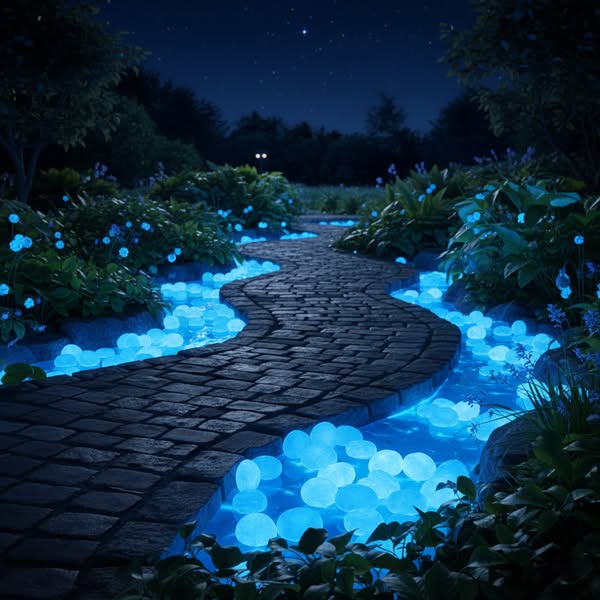 This image ad showcases a stone pathway lined with glowing blue orbs, creating a magical nighttime garden scene.