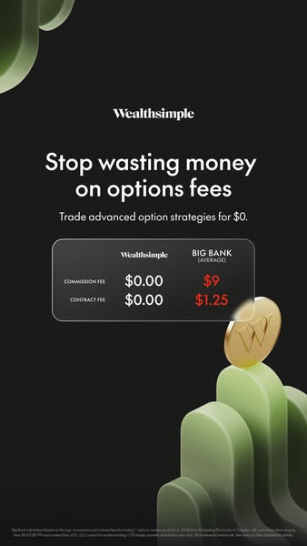This ad compares Wealthsimple options fees with the average fees from big banks, highlighting Wealthsimple's $0 comm