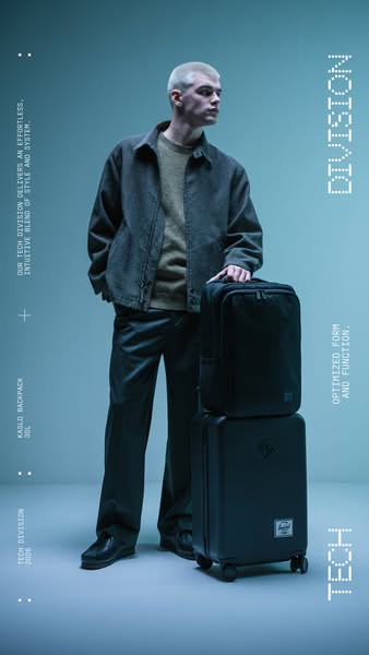 This ad showcases the Herschel Tech Division Kaslo Backpack 30L with a luggage set and a male model.