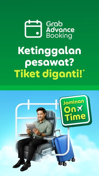 This ad promotes Grab Advance Booking. The image features a man sitting in an airplane seat looking at a tablet and a su