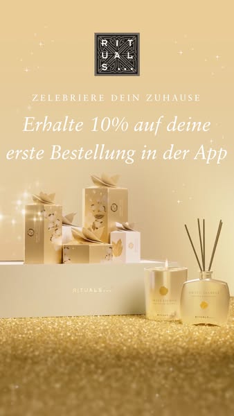 This image ad for Rituals promotes a 10% discount on the first app order. The ad features a variety of home fragrance pr