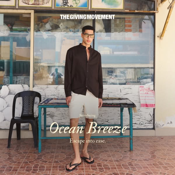 This ad showcases a model wearing clothing from The Giving Movement. The ad promotes the brand's new line, Ocean Bre