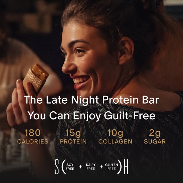 This ad promotes a late-night protein bar that is soy-free, dairy-free, and gluten-free. The ad features a woman holding
